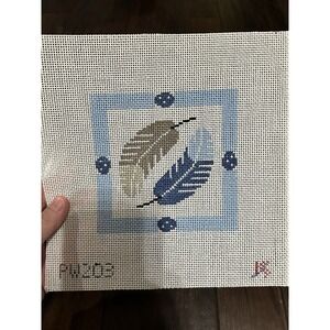 kathy schenkel needlepoint canvas handpainted Blue Feathers 5" 13 Ct Tan White